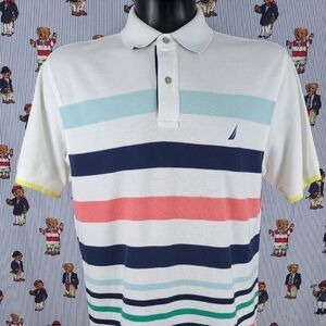Nautica multicolor & white striped 3-button collard casual preppy LG polo shirt